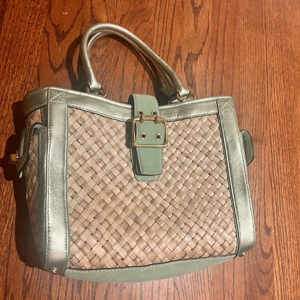 Coach Woven Straw Rattan Leather Suede Gold Metallic Trim Tote Shoulder Bag